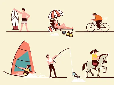 Character Designs for İzmir Map character design cycle design fishing flat horse icon illustration line map sun sunbed surf vector