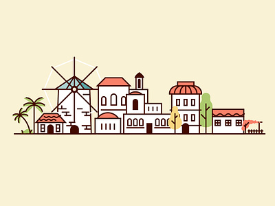 Alaçatı Town - İzmir city design flat house icon illustration izmir line map town vector village wind mill