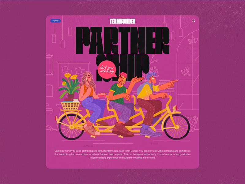 TeamBuilder — Partnership bike characters design drive flower illustration office screen team builder ui web