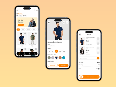 E-Commerce Mobile App add to cart app design clothes brand clothing app color selection design e commerce app ecommerce mobile app go to checkout mobile app design my cart online shopping app selection shopping bag size selection slider ui ui design user experience user interface