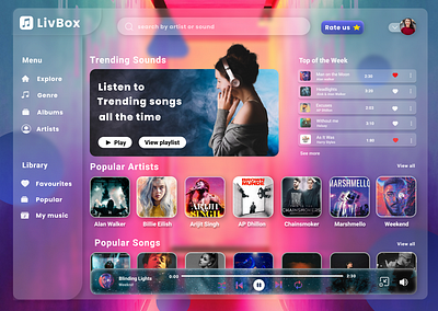 Music app with latest Glassmorphism effect animation branding graphic design ui