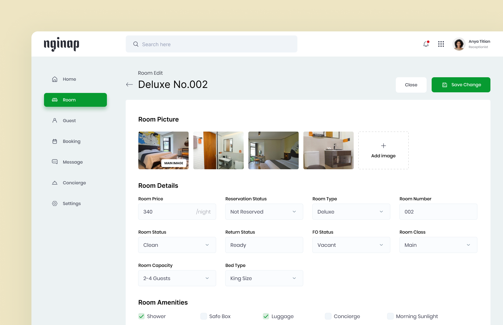 Nginap Hotel Management - Room Edit admin booking dashboard hotel management property rent reservation room saas travel ui