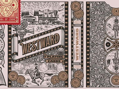 Westward Playing Cards ace of spades cowboy engraving etching illustration illustrator joker line art packaging design peter voth design playing cards train western woodcut