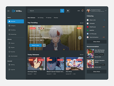 WiBu - Anime Streaming app dashboard design desktop graphic design ui user ux