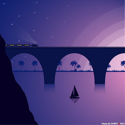 Train to dreamland adobe illustrator beautiful design evening flat design illustration illustration landscape scenery