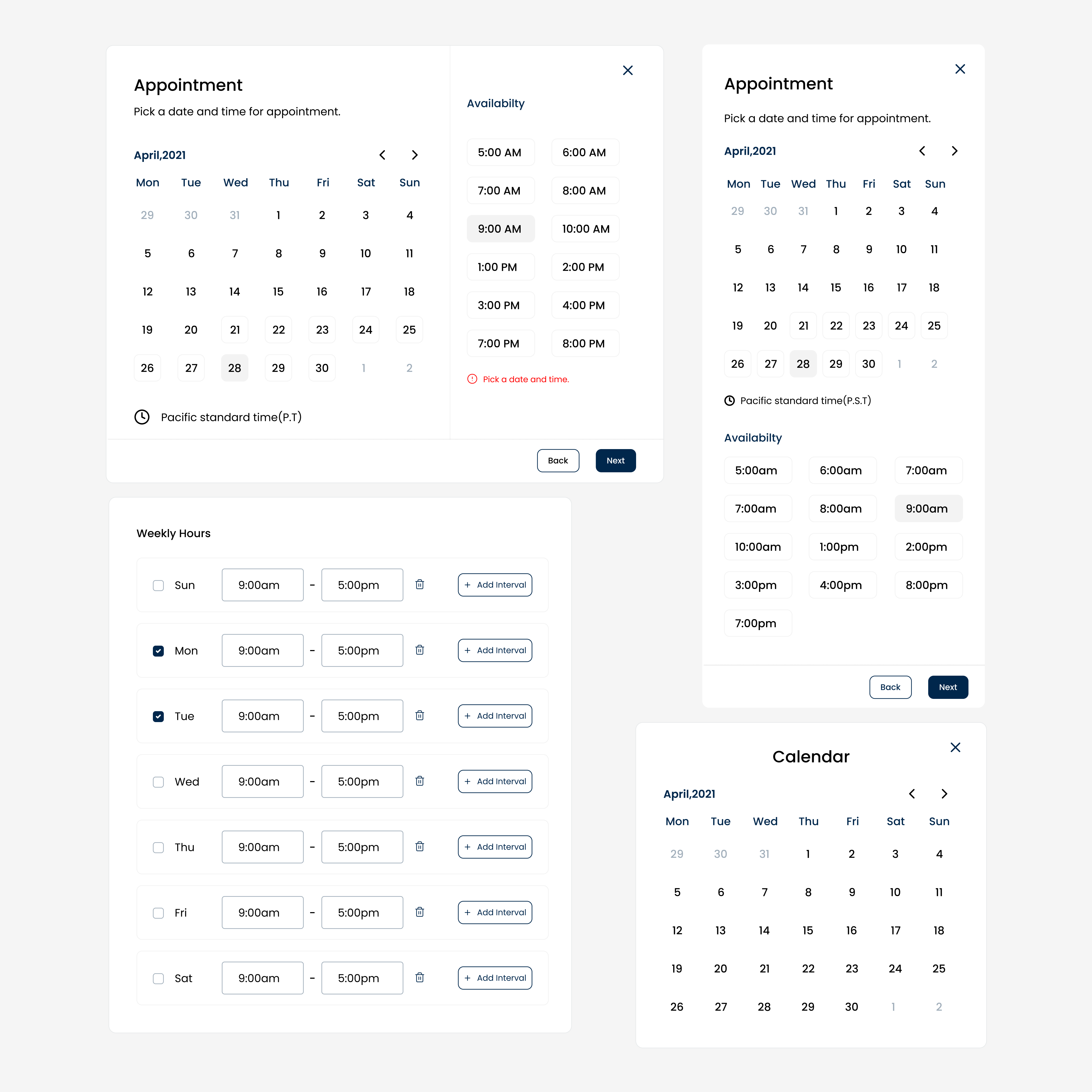Minimal components - Appointment booking. appoinmentbooking appointments booking calendar design components figma lighttheme minimal product design responsive design trending ui ui components uidesign uiux ux webapp webapp components webappdesign