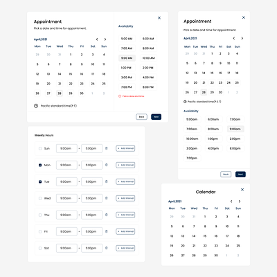 Minimal components - Appointment booking. appoinmentbooking appointments booking calendar design components figma lighttheme minimal product design responsive design trending ui ui components uidesign uiux ux webapp webapp components webappdesign