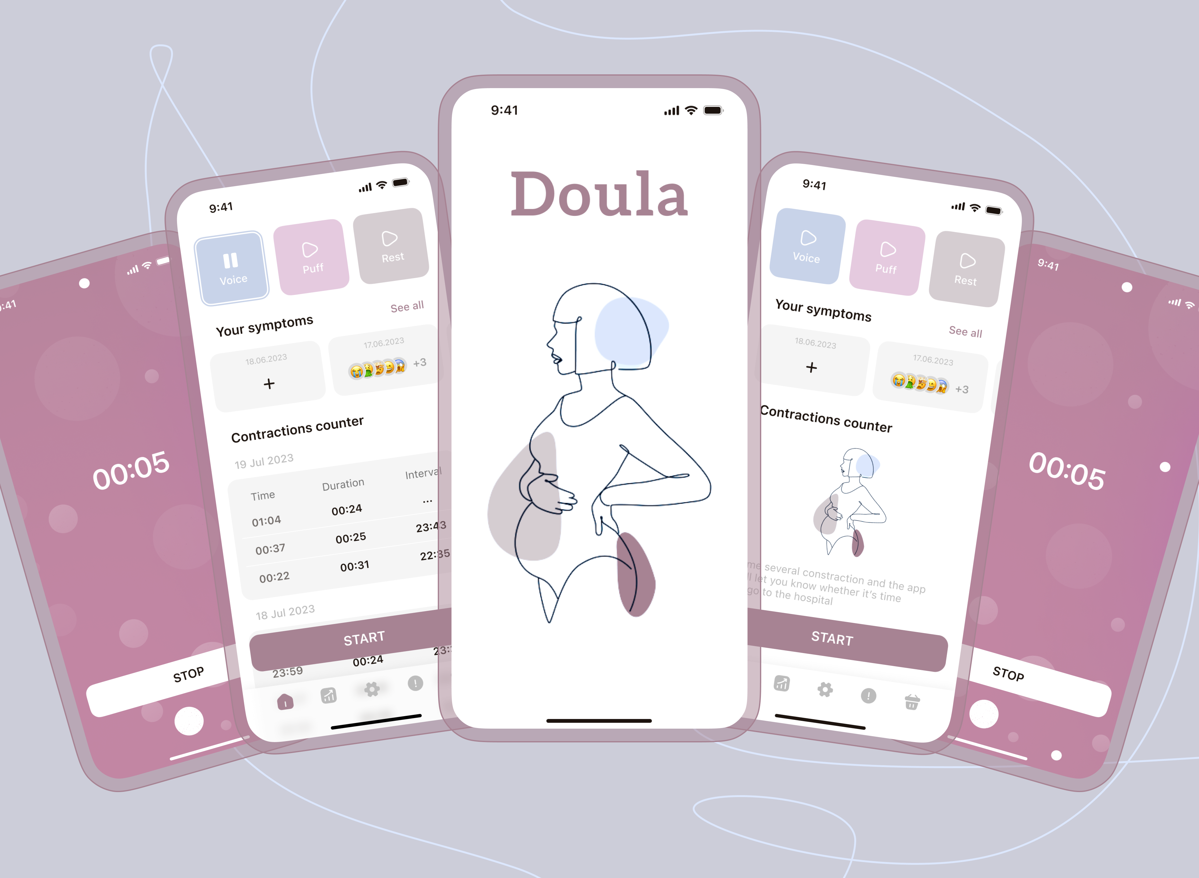 Doula app animation app contractions counter design figma home page logo photoshop pregnant puff rest symptoms ui ui ux ux uxui design voice web woman