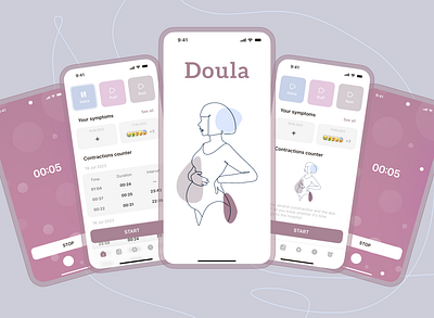 Doula app animation app contractions counter design figma home page logo photoshop pregnant puff rest symptoms ui ui ux ux uxui design voice web woman