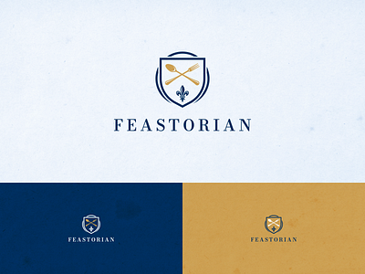 Feastorian branding clean coat of arms cutleries design fleur de lis gastronomy history logo plate shield youtube channel