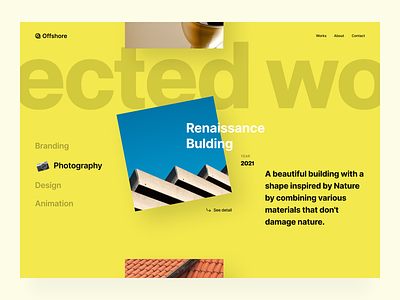 Selected works page - Exploration design desktop editorial design exploration graphic design layout page photo portofolio selected ui userinterface web design website works yellow