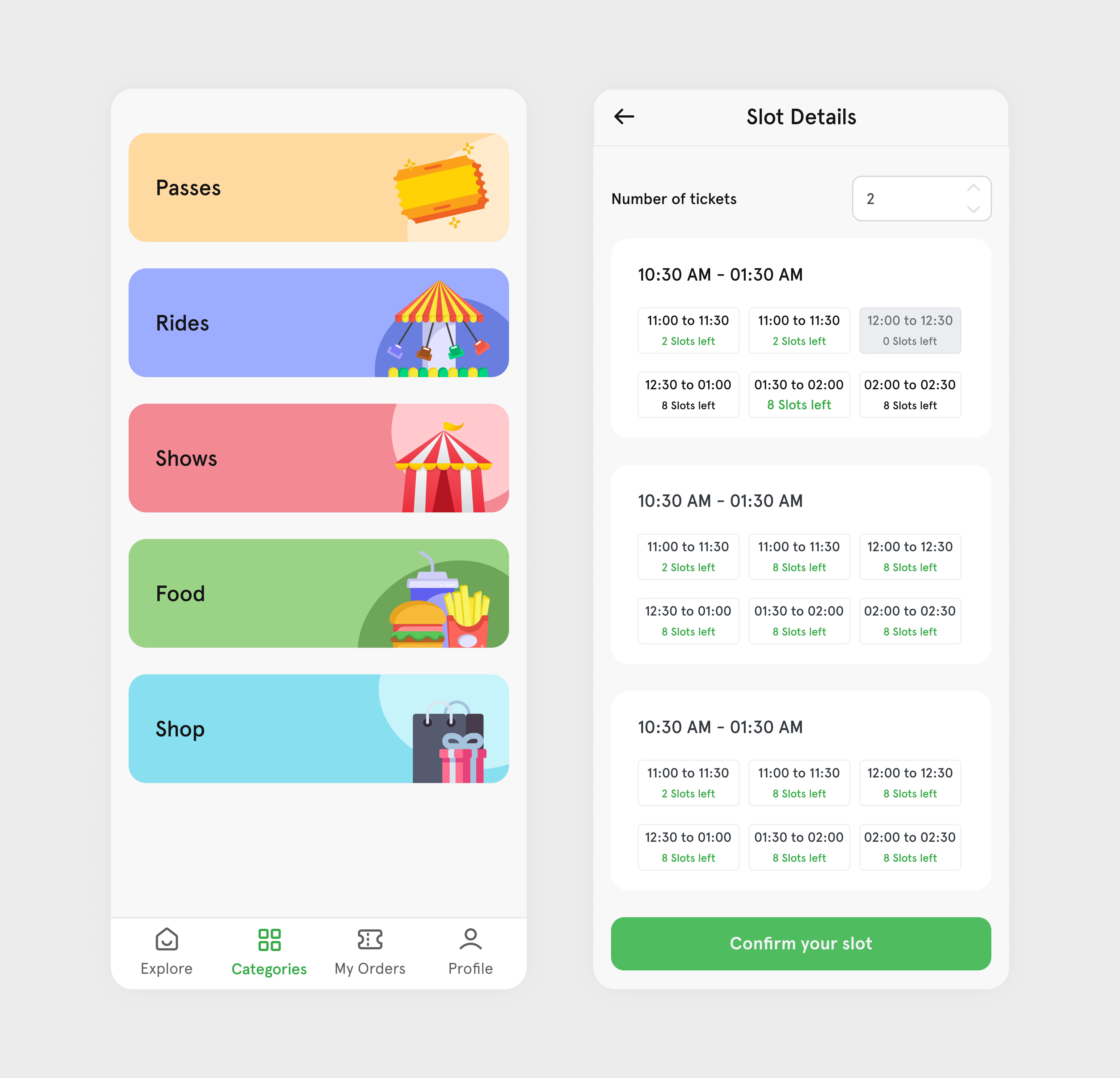 Amusement Park App UI app app design branding button design flat design illustration logo ui ux