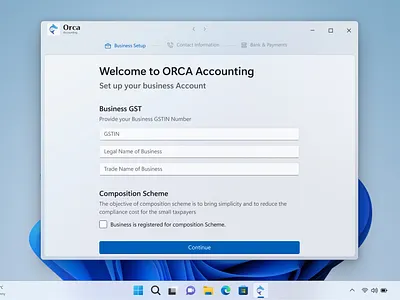 Business Registration - ORCA Accounting accounting b2b saas banking branding fluent design form glassmorphism gst log in logo multi step form product design registration saas software software ui uiux windows app windows ui winui 3