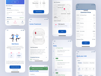 Dental clinic mobile application appointment branding dental dental app design system interface ios app location map medical medical app mobile app schedule teeth tooth ui ux