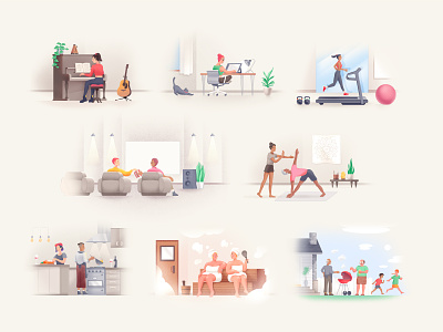 Spaces for rent 🏡✨ airbnb art direction barbecue fitness guitar home office home theatre homeowners illustration illustration set kitchen music outdoor piano platform rental spaces sauna startup ui illustration wellness