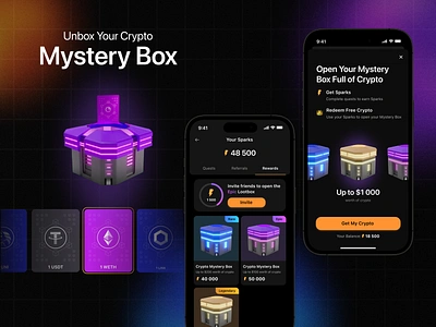 Crypto Mystery Box app design cards ui claim crypto claim prize crypto crypto app crypto lootbox crypto mystery box cryptocurrency dark mode epic legendary lootbox mobile mysterybox rare ui unbox user interface ux