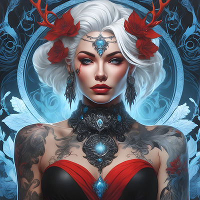 White Witch ai art artwork beautiful elegant fantasy grunge hair jewellery makeup mythical storybook tattoos white hair woman youtube