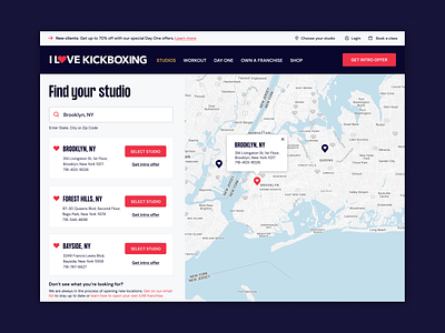 Studio Finder design fitness kickboxing location map pins ui web