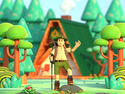 Journey of a Forest Ranger - 3D Illustration 3d 3ddesign 3dillustration 3drender camp character forest forestranger graphic design illustration jungle plants ranger