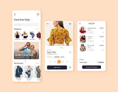 Ecommerce - Mobile App add to cart brand collection branding cart categories collection design e commerce figma graphic design illustration list logo mobile app my cart new arrivals procee size ui uiux