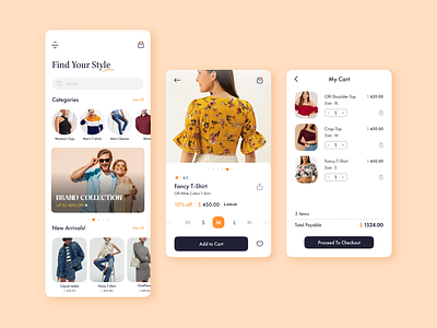 Ecommerce - Mobile App add to cart brand collection branding cart categories collection design e commerce figma graphic design illustration list logo mobile app my cart new arrivals procee size ui uiux