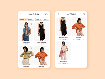 Ecommerce - Mobile App add to cart branding cart categories collection e commerce figma gender graphic design illustration listing logo mobile app my cart new arrivals payment method price list ui uiux wishlist