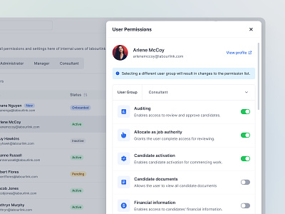 Slide Over Panel - User Permissions drawer employee employer hr hrm hrms human resources management menu modal payroll product design recruit saas side panel slide over ui ux web application