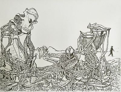 landscape with garbage graphic design ink drawing