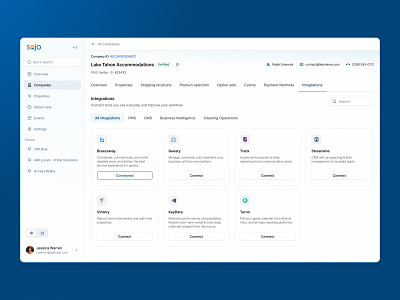 Sojo - Integrations apps cards connected apps crm integration settings integrations navigation product design property manager rental saas saas app saas dashboard semiflat settings sidebar tabs ui ux web app