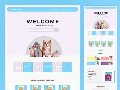 Pet Shop Landing Page animal animallovers blue cat dog furbuddies furryfriends landing page mobile app pet petadoption petgrooming pethealth petproducts petsupplies shop shoping web design