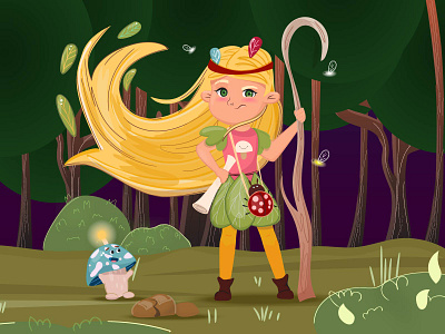 Luna and her friend Glowy. Vector illustration. Character design adobe illustrator adorable challenge charcters children design fairy tail forest girl illustration mushroom story vector