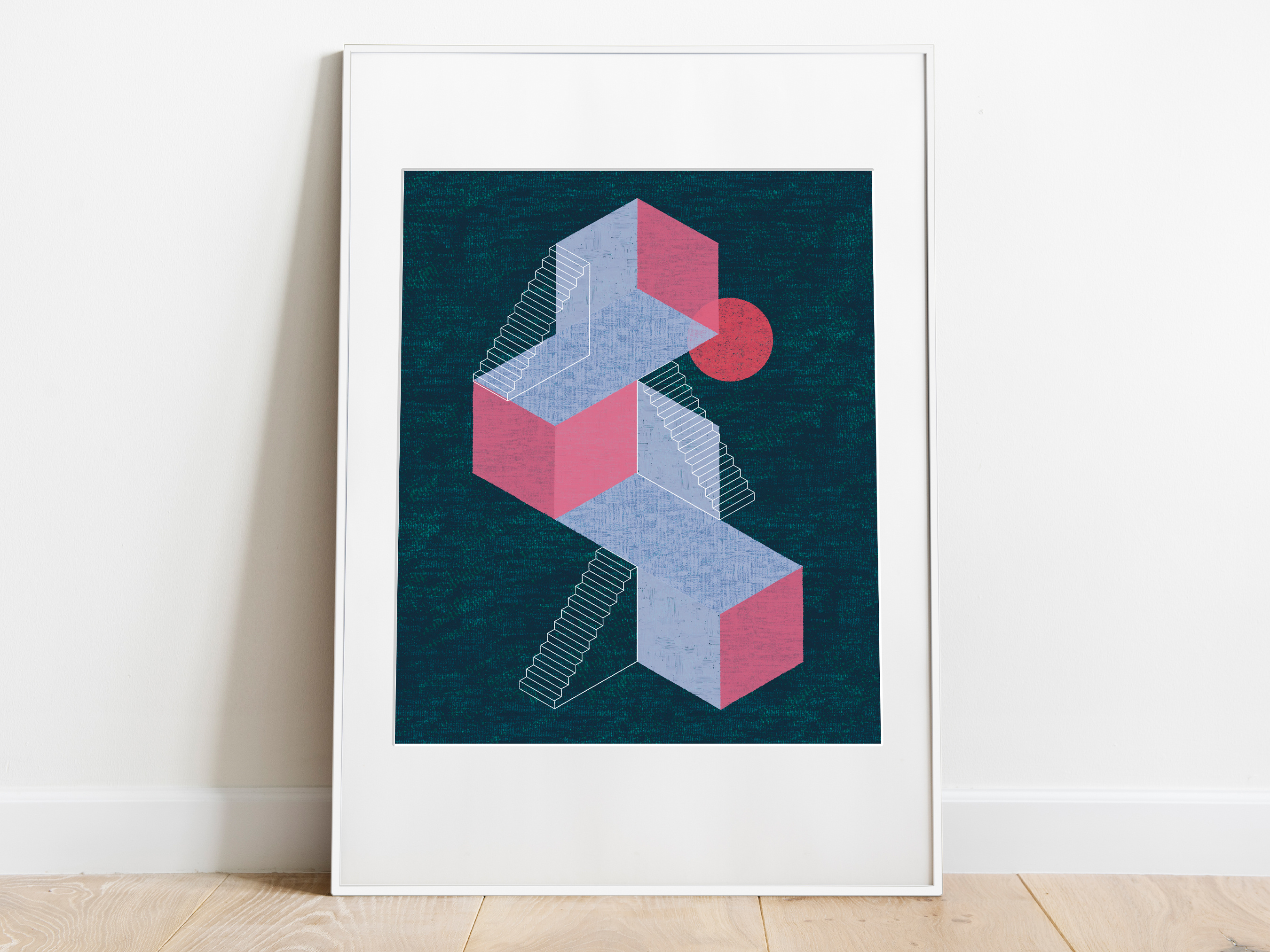 Floating City I art blocks brushes cube escher illustration isometric minimal print scribble