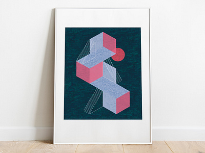 Floating City I art blocks brushes cube escher illustration isometric minimal print scribble