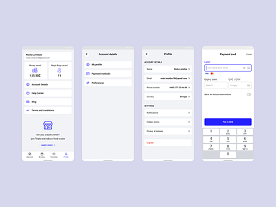 Triple account app design details mobile navigation payment profile settings store ui ux