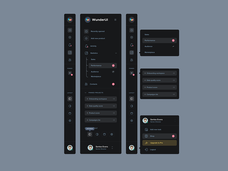 UI Navigation Styles dark mode design system figma navigation navigation styles sidebar topbar ui components ui design wunderui