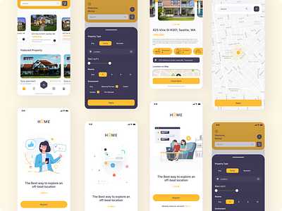 Real Estate App blue and yellow figma filters illustration location mobile app onboarding screens real estate real estate app rental properties ui ui design ux design