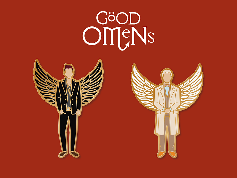 Good Omens - Official Enamel Pins 001-002 - Crowley & Aziraphale adobe adobe illustrator angel aziraphale badge creative crowley enamel pin good omens illustrator merchandise minimal neil gaimen official pin religion terry pratchett tv show vector wings