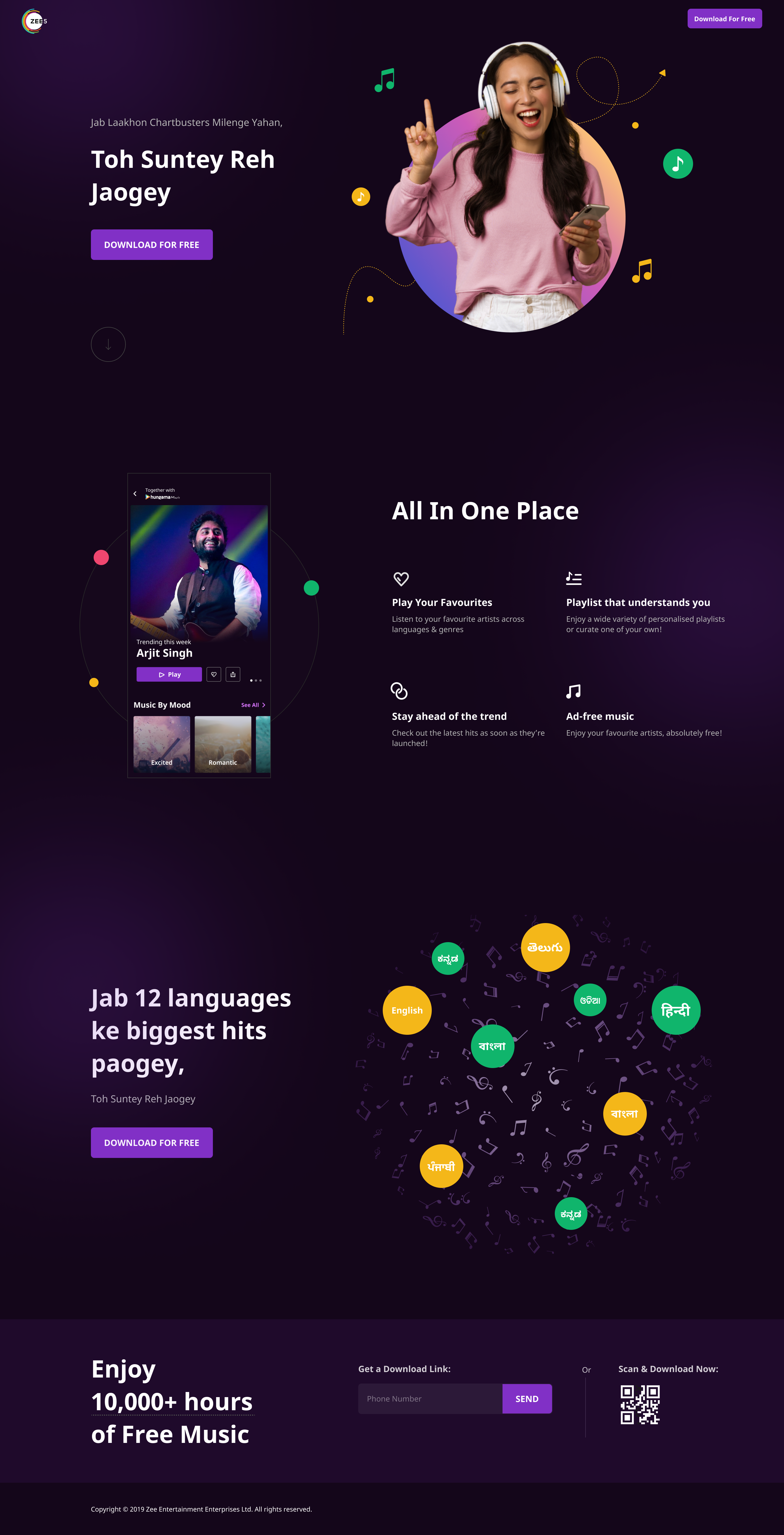ZEE5 Music Landing Page dark landing page music ott