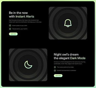 Discover exciting new section ✨ app dark design graphic design green icon landing page message mode notification section ui ux website