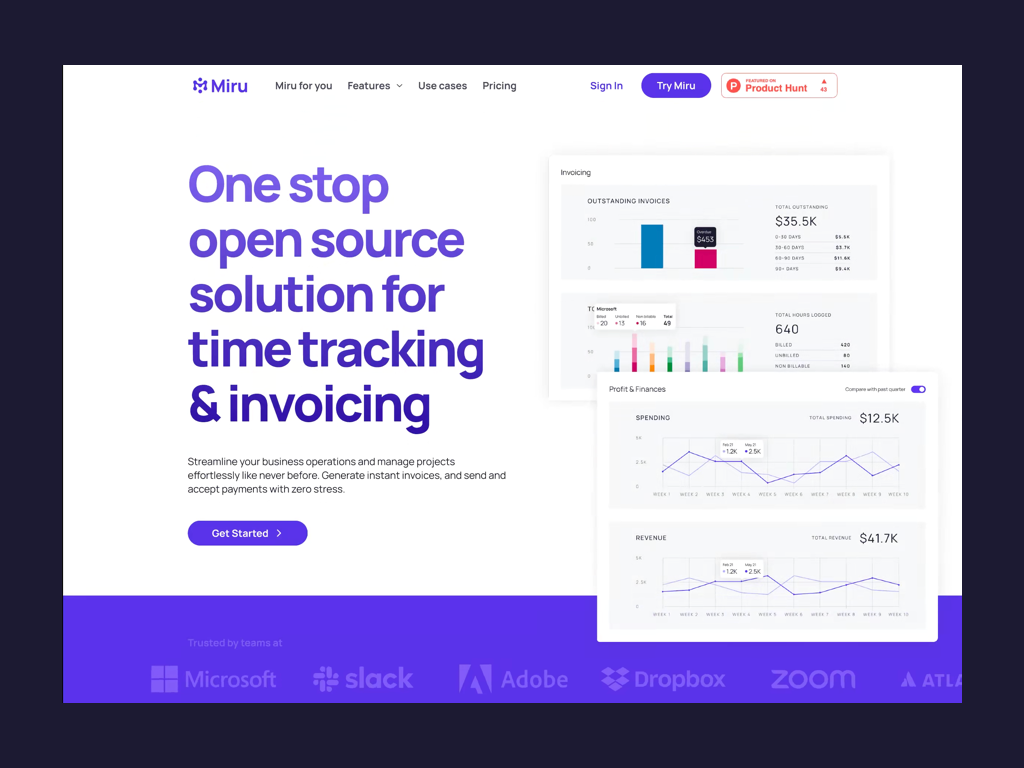 Miru Landing Page animation branding design graphic design icons landing page logo mobile motion graphics responsive saas time tracking transition typograhy ui user experience ux visual design visualhierarchy website