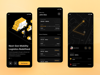 Logistics Mobile App, Online Delivery, Live Tracking app cargo dark dark theme freight logistic logistics mobile mobile app mobile screen online delivery order package shipment shipping tracker tracking transport transportation