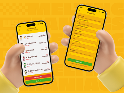 Leaderboard & Registration screen for Adidas x M&M's Game 2d adidas app avatar custom avatars design form game graphic design illustration ilu leaderboard mms mobile ranking registration score ui ux yellow
