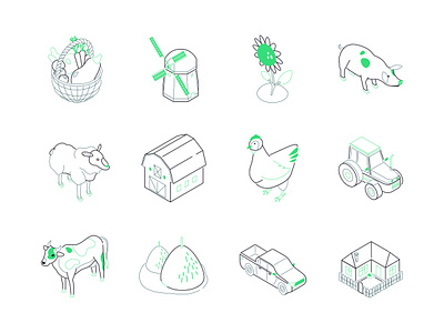Farming and agriculture - isometric icons set agriculture animal design farm garden industry isometric line linear style vector windmill