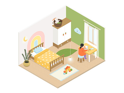 Girl's room isometric illustration bed child design drawing girl home interior isometric isometry kid little style vector