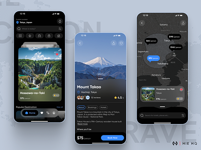 Travel App booking app branding dark theme destination glassmorph glassmorphism ios map map ui mobile mobile app travel travel app ui uidesign uxdesign