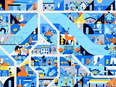 ATB Financial Community Map abstract animals blue city flat geometric geometry grid illustration map minimal mural nature neighbourhood people roads shapes sketch texture vector