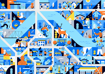 ATB Financial Community Map abstract animals blue city flat geometric geometry grid illustration map minimal mural nature neighbourhood people roads shapes sketch texture vector