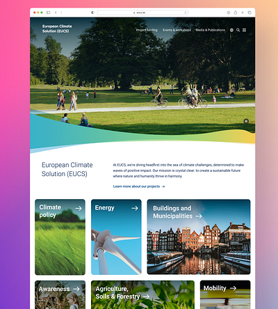 Platform for a climate organization climate colorful education energy environment europe gradient green design interface landing learning mobility ngo non profit sustainability typography urbanization webdesign