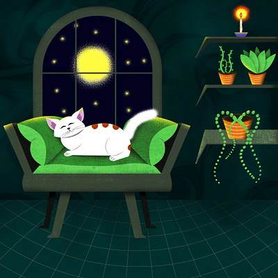 A sleeping cat under the window cat illustration illustrator night window