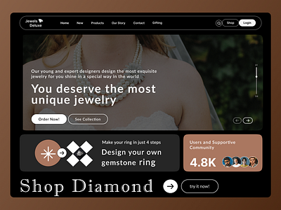 Jewels Deluxe - Jewelry Web Site Design: Landing Page beauty bracelet collection diamond elegant gold hero section homepage jewellery jewelry landing page luxury necklace rings ui uiux ux web web design website design